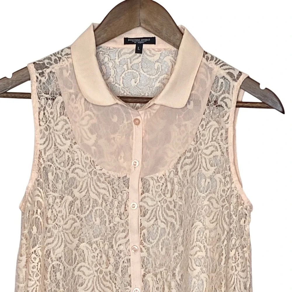 Sheer Floral Lace Top Womens Size L Peach Coquette Cottage Festival Shabby Chic - Picture 2 of 9